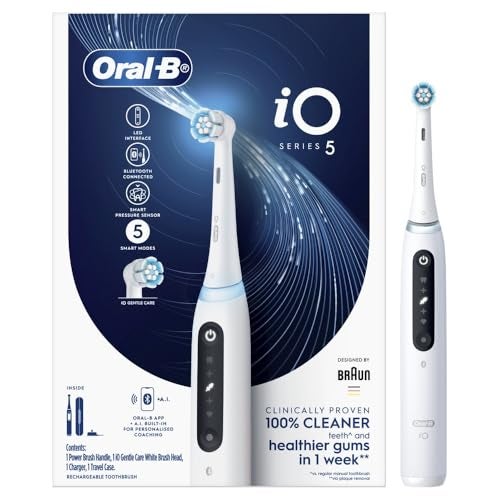 Oral-B iO Series 5 White Bluetooth Electric Toothbrush with A.I. Connectivity, 5 Brushing Modes, Travel Case & Charging Station Included