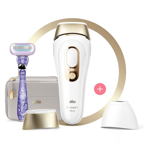 Braun IPL Hair Removal for Women and Men, Silk Expert Pro 5 PL5157, Body & Face, at-Home Permanent Reduction, Alternative to Salon Laser Hair Removal, with Venus Razor, Pouch, White/Gold