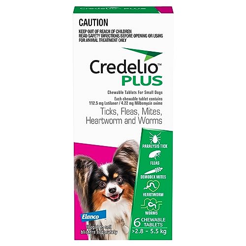 Credelio Plus Dog Flea and Tick Treatment, Six Pack, Ticks, Fleas, Mites, Heartworm & Worms Parasite Protection, in the Smallest Monthly Chewable Tablet for Dogs > 2.8-5.5 kg, 6 Pack
