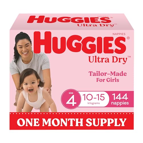 Huggies Ultra Dry Nappies Girls Size 4 (10-15kg) 144 Count - One Month Supply (Packaging May Vary)