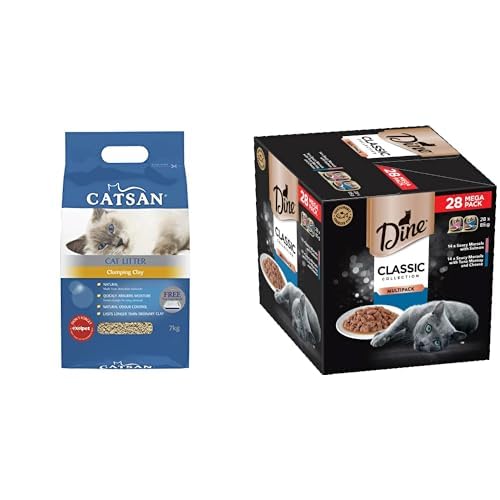 Cat Everyday Essentials Bundle Pack, Catsan Litter 7kg and Dine Cat food Classic Collection 85gm, 28pack
