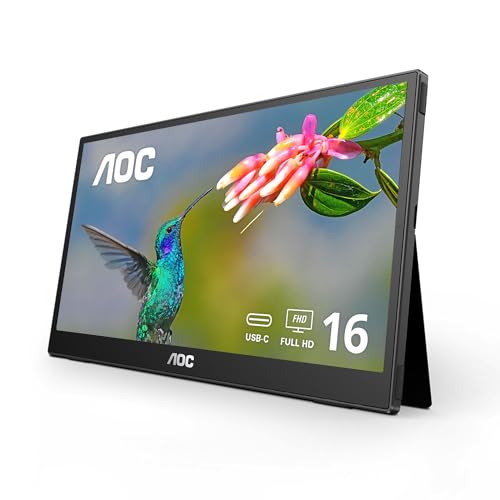 AOC 16T3EA 16'' Class USB-C Ultra-Slim Portable Monitor with IPS Panel, Full HD 1920x1080 Resolution, Built-in kickstands for Portrait/Landscape View, PC/MacBook, VESA Mount, Carrying Bag Included