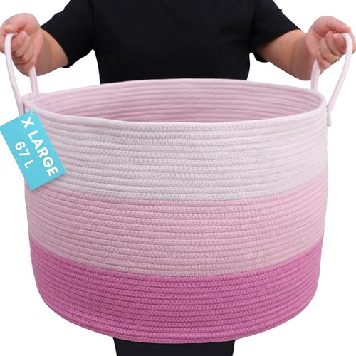 OrganiHaus XXL Extra Large Cotton Rope Basket | 20" x 13.5" Blanket Storage Basket with Long Handles | Portable | Baby Pink