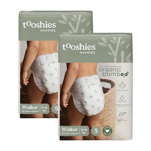 Tooshies Nappies | Size 5 Walker 13-18kg | Made with Organic Bamboo | 12 hrs leak free | Unisex | Plant Print | 2 WEEK SUPPLY