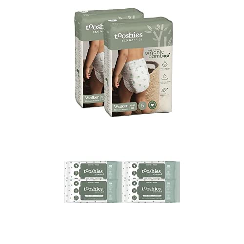 Tooshies Bamboo Nappies Size 5 & Wipes - 100% Plastic Free, 12-Hour Leak-Proof Protection - Organic Ingredients - Unisex - 1 Count