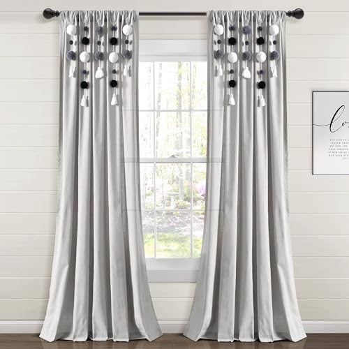 Lush Decor Boho Pom Pom Tassel Linen Window Curtain Panel (Single Panel), 95" L x 52" W, Gray & Black