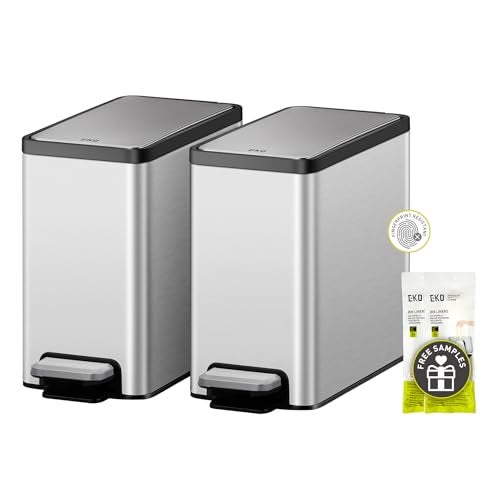 EKO Slim Bathroom Bin, 6L Small Step Bin with Lid & Removable Inner Bucket, Narrow Pedal Toilet Bin for Small Spaces, Stainless Steel, Fingerprint-Resistant, Soft Close, 2 Pack Combo