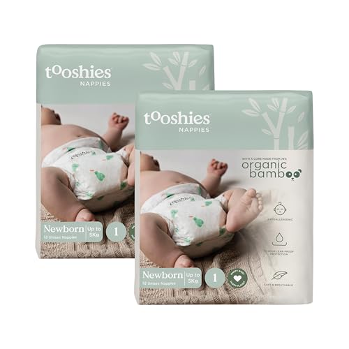 Tooshies Nappies | Size 1 Newborn 3-5kg | Made with Organic Bamboo | 12 hrs leak free | Unisex | Pear Print | 2 WEEK SUPPLY