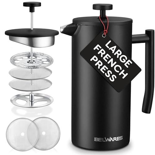 Large French Press Coffee Maker with Extra Filters for a Richer and Fuller Coffee Flavor, Designed with Double Wall Black Stainless Steel to Preserve Hot Coffee Temperature (50oz)