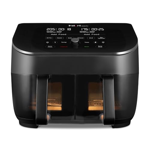 Instant Pot - Vortex Plus Dual Black Air Fryer - Large 7.4L, Family Size - Twin, Double 3.7L Baskets, Clear Window, Food Dehydrator, Grill, Bake, Roast, Reheat, Non-Stick, Easy Clean, Dishwasher Safe