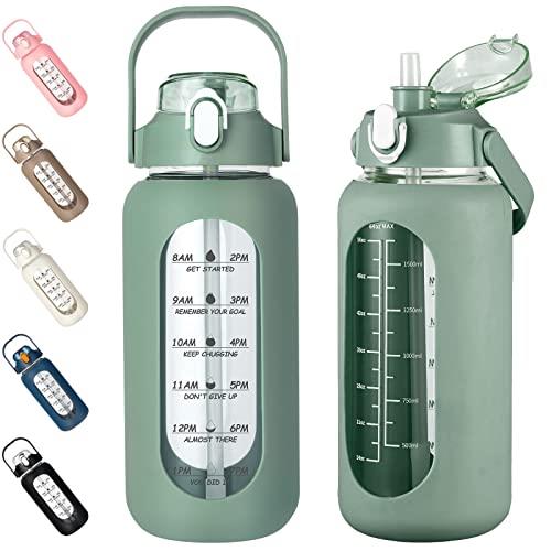 kytffu 64oz Glass Water Bottles with Straw, Half Gallon Motivational Bottle Silicone Sleeve and Time Marker, 2L Leakproof Large Jug for Gym Home Office,olive
