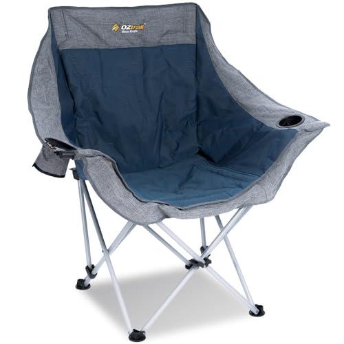 OZtrail Single Moon Chair with Arms, Blue | Wineglass and Can Holders, Wraparound Arms, High-tensile Steel Frame, 600D Padded Fabric, 120kg Rated