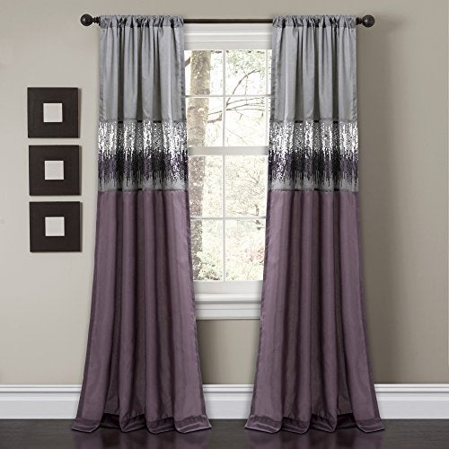 Lush Decor Night Sky Window Curtain Panel, Single, 42" W x 84" L, Purple & Gray - Sequin Curtains - Sparkle & Color Block Design - Modern Glam Decor - Long Curtains for Bedroom & Living Room