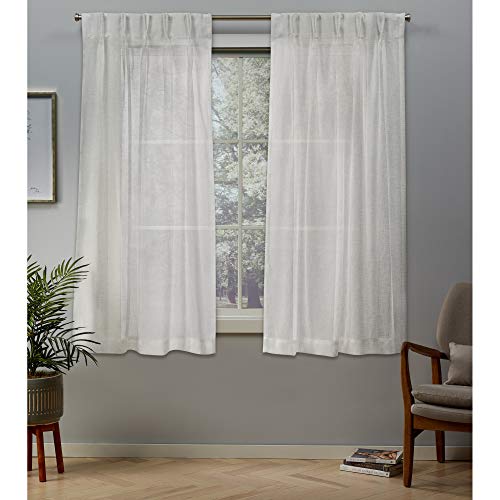 Exclusive Home Curtains Belgian pp Sheer Textured Linen Look Jacquard Pinch Pleat Panel Pair, 30x63, Snowflake