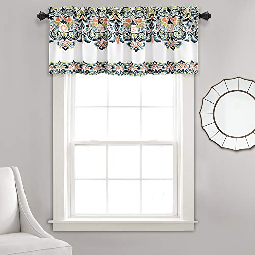 Lush Decor Clara Valance Paisley Damask Print Bohemian Style Single Curtain, Valance, Navy & Tangerine