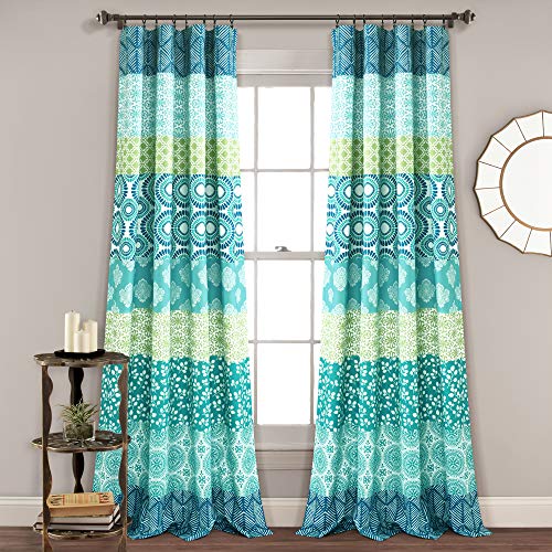 Bohemian Stripe Window Curtain Panels Blue/Green 52X95 Set