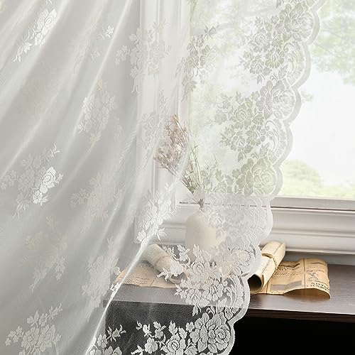 Kotile Ivory Lace Curtains 84 Inches Long - Vintage Embroidered Floral Sheer Lace Curtains for Living Room, Scalloped Privacy Lace Curtain Panels for Windows, 52 x 84 Inch, 2 Panels, Ivory