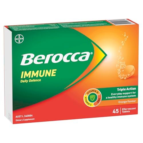 Berocca Immune Daily Defence Vitamin C, D and Zinc, Orange Flavoured Effervescent Tablets 45 Pack