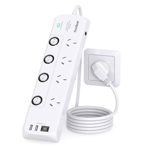 One Beat Power Board Surge Protector with Individual Switch,Power Strip with 4 AC Outlets,2USB A and 2USB C Charging Port,1.8M Extension Cord 350 Joules Powerboard,Wall Mount for Home,Dorm and Office