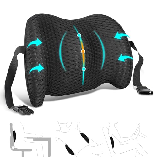 Back Support for Office Chair, Memory Foam Lumbar Pillow for Lower Back Pain Relief, Ergonomic Seat Cushion for Car, Travel, Airplane, Bed with Adjustable Strap