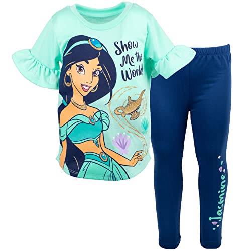 Disney Princess Frozen Moana Little Mermaid Floral Girls T-Shirt & Leggings Outfit Set Toddler to Big Kid, Princess Jasmine, Green/Navy, 14-16 Years