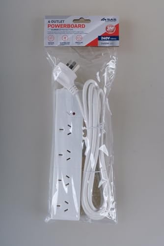 SAS Electrical 240V 10Amp 4 Outlets Power Board with Surge Protection, White, 3 Meter