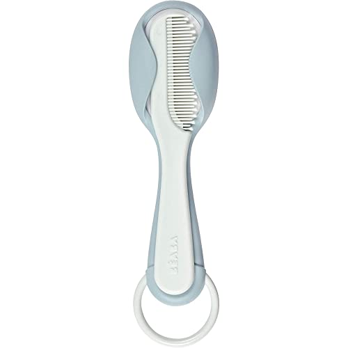 Beaba 2-in-1 Baby Hair Brush & Comb Set for Newborns & Toddlers - Soft Nylon Bristles, Ergonomic Grip, Travel-Friendly, Brush with Integrated Comb Storage - Newborn Essentials, Green Blue
