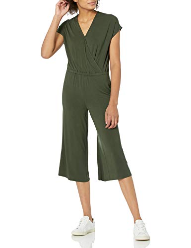 Amazon Essentials Women's Short-Sleeve Surplice Cropped Wide-Leg Jumpsuit, Dark Olive, XX-Large