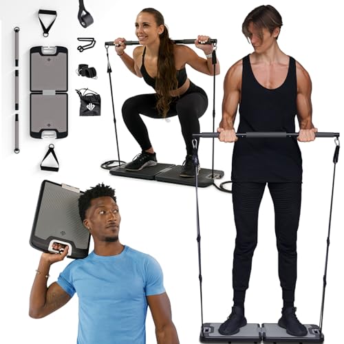 EVO Gym - Portable Home Gym Strength Training Equipment, at Home Gym | All in One Gym - 10 Resistance Bands, Base Holds Gym Bar & Handles for Travel | Portable Gym & Home Exercise Equipment | 320LBS