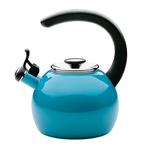 Circulon Enamel on Steel Whistling Teakettle/Teapot with Flip-Up Spout, 2 Quart - Turquoise Blue