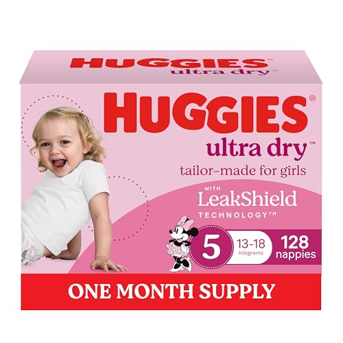 Huggies Ultra Dry Nappies Girls Size 5 (13-18kg) 128 Count - One Month Supply (Packaging May Vary)