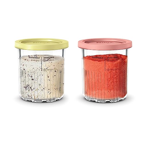 Ninja Creami Deluxe Pints 2 Pack, Compatible with NC500 Series Creami Deluxe Ice Cream Makers, Genuine Ninja Pint, BPA-Free & Dishwasher Safe, Color Lids, 1 Pint Each, Clear/Coral/Yellow, XSKPNTLD2​
