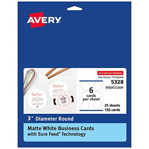 Avery Round Business Cards with Sure Feed Technology, 3" Diameter, Matte White, 150 Round Cards Total, Print-to-The-Edge, Laser/Inkjet Printable Cards (5328)