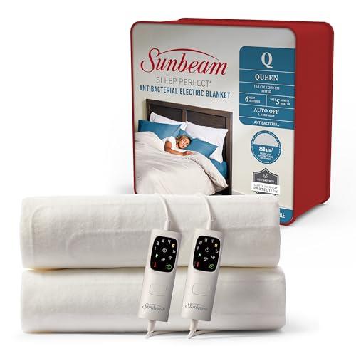 Sunbeam Sleep Perfect Antibacterial Electric Blanket Queen | Fully Fitted, Washable, Auto-Off Timer, Safety Overheat Protection, Dual Controls BLA6351