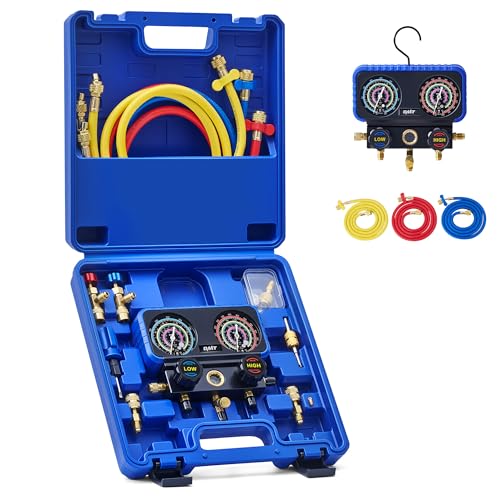 Orion Motor Tech R410a Manifold Gauge Set with 3 Hoses, Safety Valves, Adapters, Universal Can Tap - AC Recharge Kit