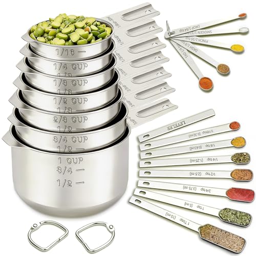 Measuring Cups and Spoons Set of 20, 7 Stainless Steel Nesting Measuring Cups & 7 Spoons, 1 + Leveler & 5 Mini Measuring Spoons for Cooking & Baking