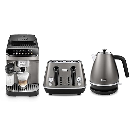 De'Longhi Distinta Titanium & Magnifica Evo Breakfast Collection, Set Includes, Magnifica Evo Automatic Coffee Machine, 4 Slice Toaster, Electric Kettle, Titanium