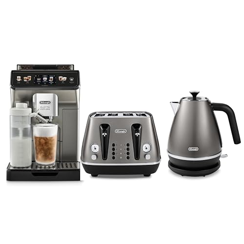 De'Longhi Distinta Titanium & Eletta Explore Breakfast Collection, Set Includes, Eletta Explore Automatic Coffee Machine, 4 Slice Toaster, Electric Kettle, Titanium