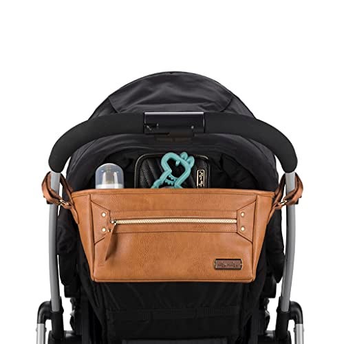 Itzy Ritzy Adjustable Stroller Caddy/Organizer - Stroller Organizer Bag Featuring Front Zippered Pocket, 2 Built-in Interior Pockets & Adjustable Straps to Fit Nearly Any Stroller (Cognac)