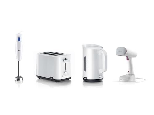 Braun Rise and Shine Pack, Small Kitchen Appliances Bundle with BreakFast 1 Kettle WK1100WH, BreakFast 1 Toaster HT1010WH, MultiQuick 1 Hand Blender MQ10001M, QuickStyle 5 Garment Steamer GS5011PU