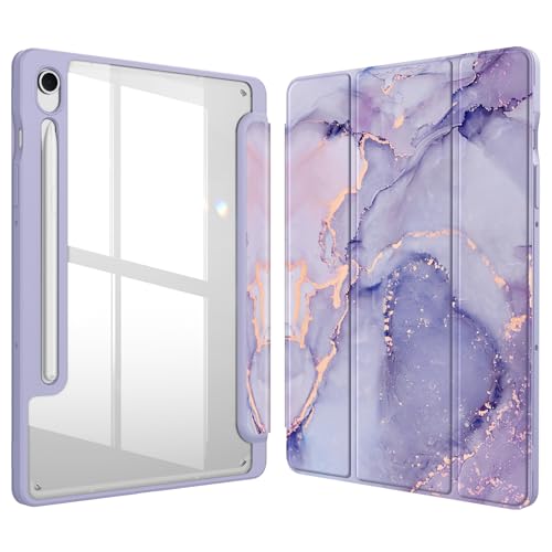 Fintie Hybrid Slim Case for Samsung Galaxy Tab S9 FE 5G 10.9 Inch/Galaxy Tab S9 11 Inch 2023 with S Pen Holder, Shockproof Cover with Clear Transparent Back Shell, Auto Wake/Sleep, Lilac Marble