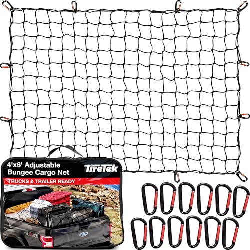 TireTek Cargo Net for Pickup Truck Bed- 4' x 6' Stretches to 8' x 12'- Heavy Duty Small 4”x4” Latex Bungee Net Mesh with 12 Metal Carabiners - Compatible with Ford, Dodge RAM, Chevy, Toyota