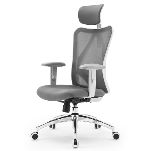 SIHOO M18 Office Chair, Computer High Back Desk Chair, Ergonomic Office Chair with 2D Armrest, Adjustable Headrest, Lumbar Support and Comfortable Thick Cushion.(Grey Mesh White Frame)