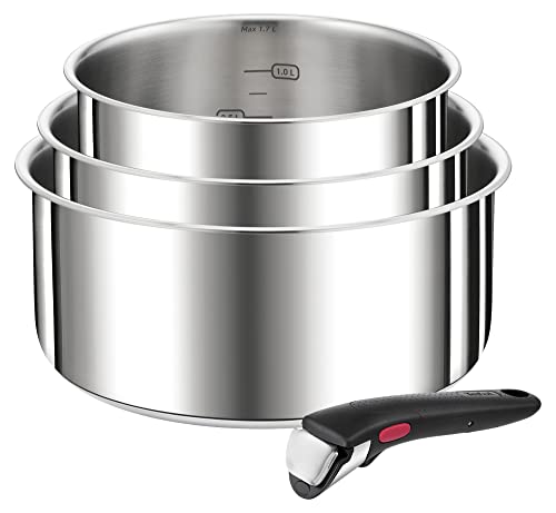 Tefal Ingenio Preference L898S4 4-Piece Induction Saucepan Set, 16, 18, 20 cm with Handle, Stackable, Space-Saving, High-Quality Stainless Steel, Suitable for All Hob Types