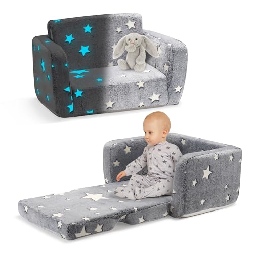 Playpals 2-in-1 Kids Sofa, Convertible Baby Flip Out Sofa Couch, Starry Glow-in-The-Dark Design, Play Couch with Removable & Washable Cover, Perfect for Boys & Girls, Grey