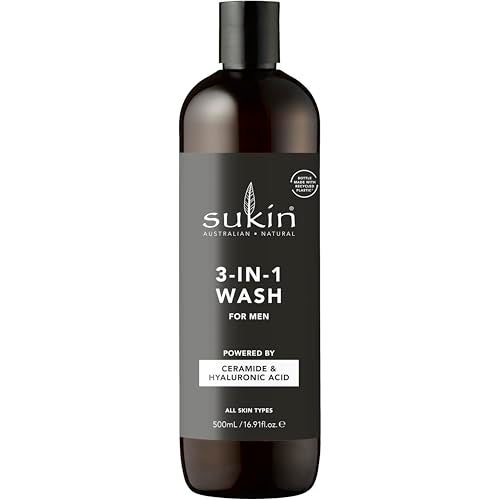 Sukin Men's 3-in-1 Face Hair Body Wash 500mL, Natural Cleanser with Ceramide & Hyaluronic Acid, Multi-Tasking Formula for Men