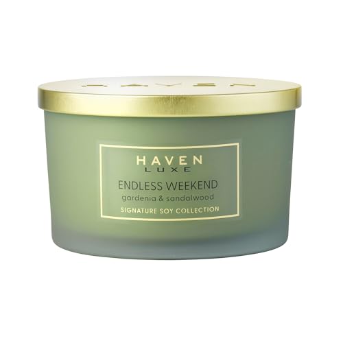 Haven Gardenia & Sandalwood Scented Candle in Frosted Glass Jar with Gold Lid – Smooth-Burning Soy Wax Blend and Long-Lasting Aromatherapy Candle with Floral Scent for Home Decor – Ideal Gift Option