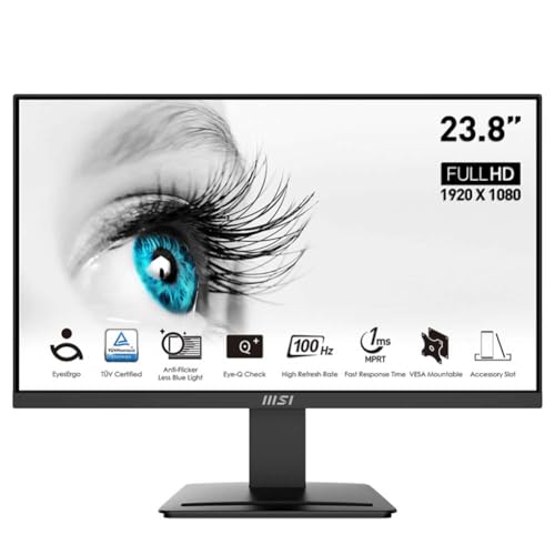 MSI PRO MP2412 23.8" Eye Care Ergonomic Business Computer Monitor, FHD 1920x1080, VA, Frameless, 100Hz, 1ms, Tilt Compatible, HDMI&DP Port, VESA, Black, 3 Year Warranty