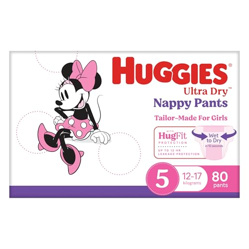 Huggies Ultra Dry Nappy Pants Girls Size 5 (12-17kg) 80 Count - Packaging May Vary