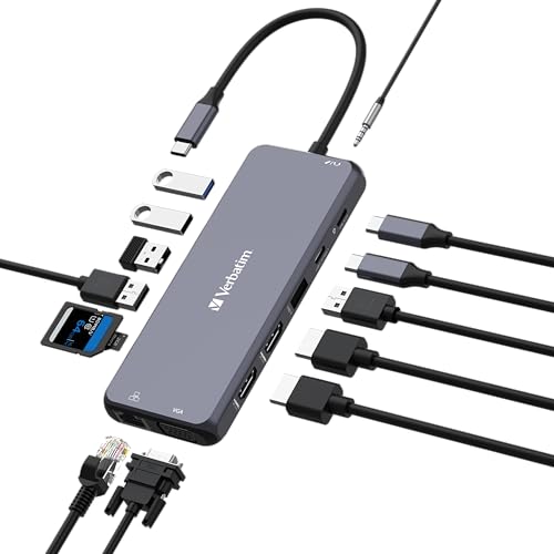 Verbatim Pro Multiport Hub: 14-in-1 Multiport Adapter with Dual HDMI, VGA, RJ45, Audio Jack, SD & MicroSD Card Slots, PD, USB-A 3.2 Gen1 & USB-A 2.0